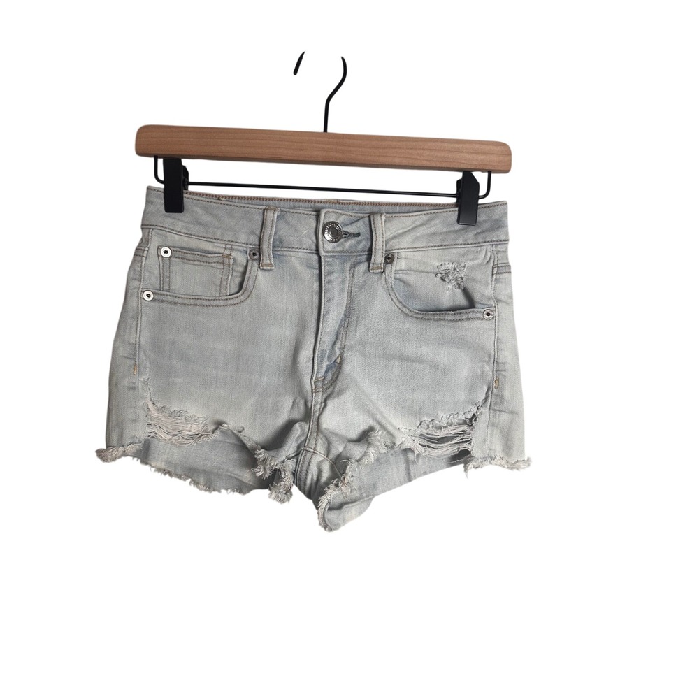 American Eagle Hi-Rise Shortie Distressed Denim Shorts Light Wash Blue Size 2
